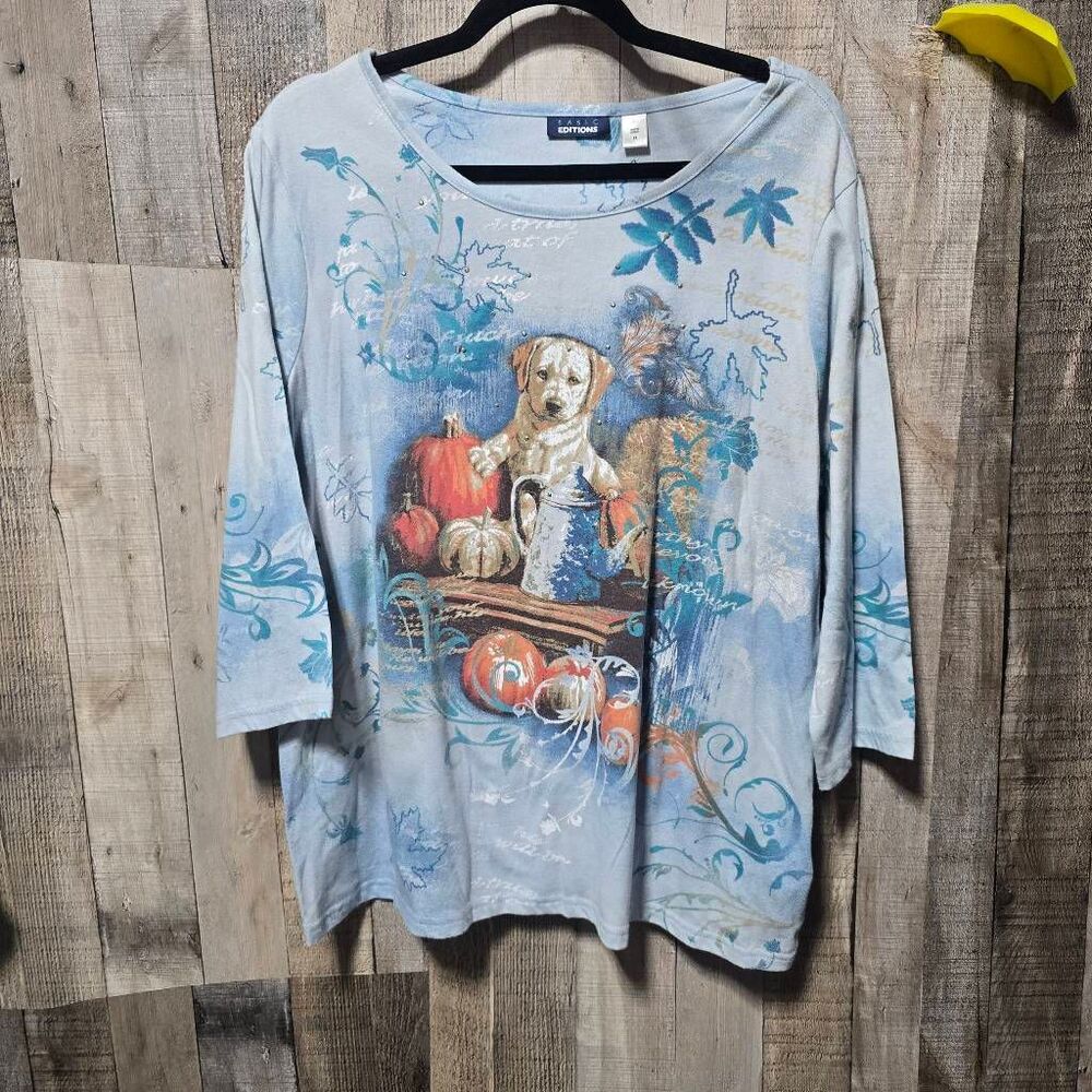 Basic Editions Blue Dog Pumpkin Fall Animal Scene Tee 1x Halloween Puppy Casual - Picture 2 of 7